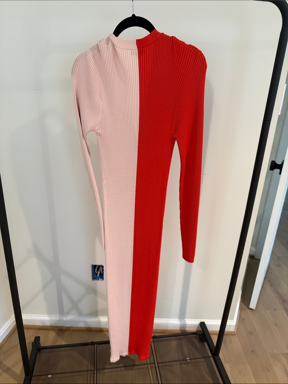 STAUD Split-Tone Ribbed Button-Front Dress in Red & Light Pink - Picture 4 of 4